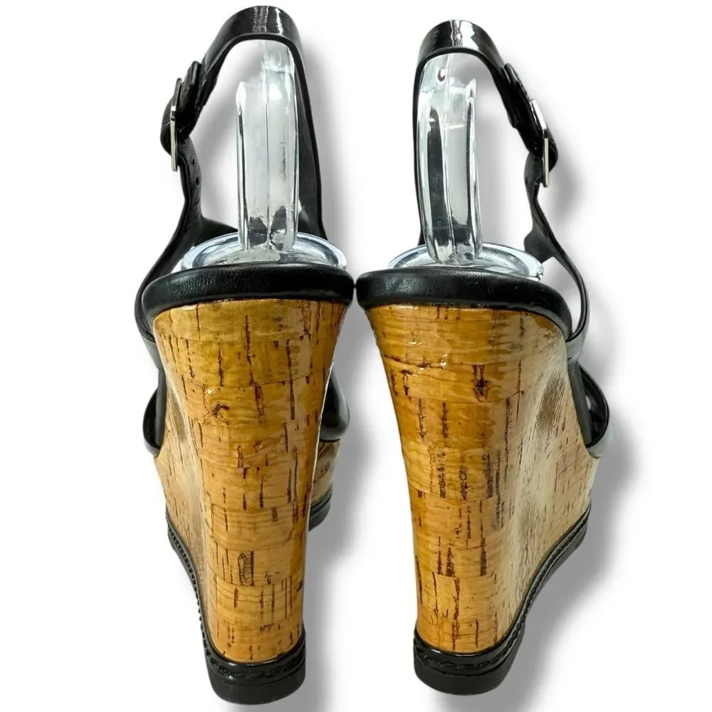 Donald J Pliner Camdyn Black Patent Leather Cork Wedge Sandals Womens Size 6